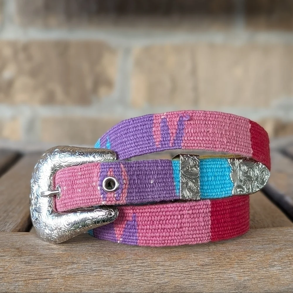 Vintage 90s Rainbow Woven Skinny Belt Size Large Leather Silver